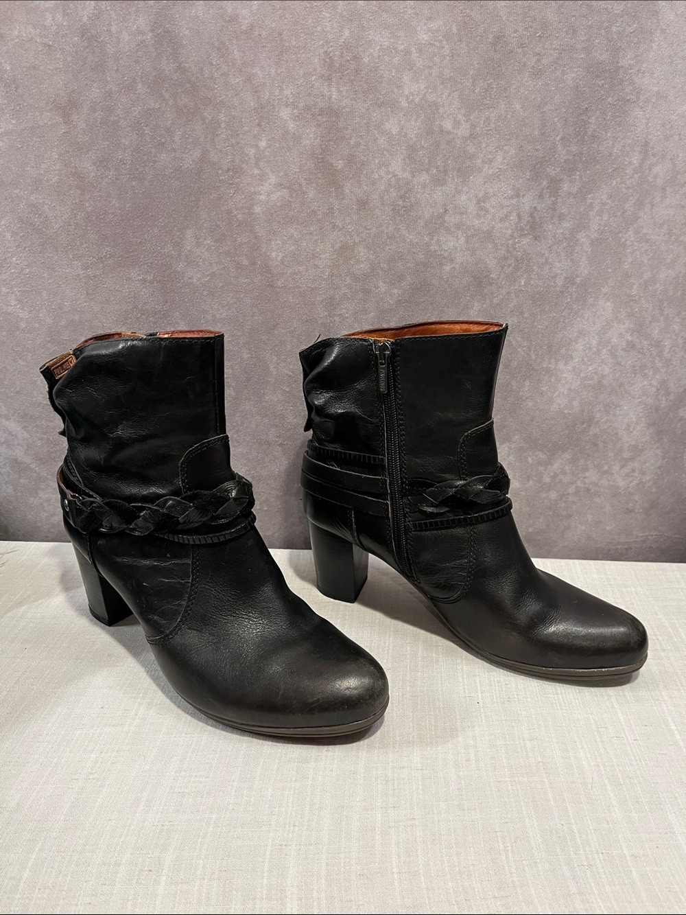 PIKOLINOS Black Braided Strap Leather Ankle Boots size 38 / US 7